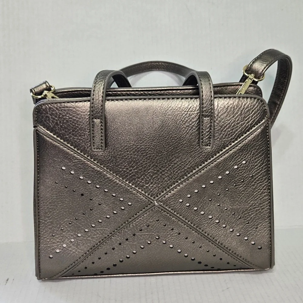Metallic Pewter Perforated Leather Satchel Crossbody Bag Gunmetal Gray Gold Zip